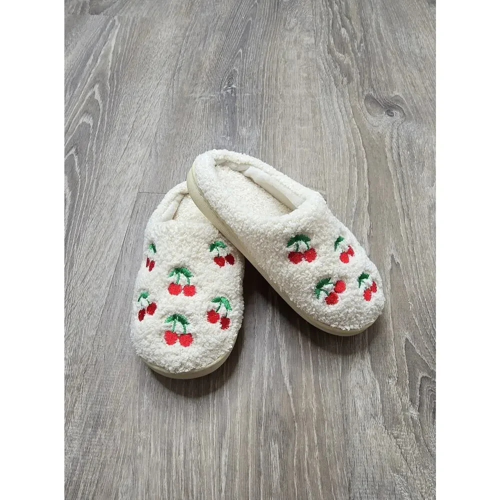 Girls Fuzzy Cherry Slippers Size 13/1 Cream Cozy Plush House Shoes